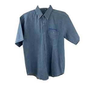 Mens Size Large Chevron Texaco Denim Short Sleeve Button Front Collared Shirt